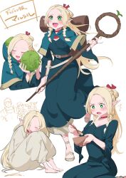 Rule 34 | 1girl, 3boys, :d, absurdres, blonde hair, blue capelet, blush, bowl, bright pupils, cabbage, capelet, character name, cheek bulge, chilchuck tims, choker, closed eyes, dress, dungeon meshi, eating, elf, food, green eyes, highres, holding, holding staff, hood, hooded capelet, laios touden, long hair, marcille donato, multiple boys, nemoto yuuma, open mouth, parted hair, pointy ears, red choker, senshi (dungeon meshi), sitting, smile, solo focus, spoon, staff, standing, standing on one leg, white pupils