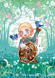 Rule 34 | 1boy, :d, bird, blush, braid, cape, character name, chibi, child, forest, green cape, holding, holding instrument, instrument, instrument request, kazuki-mendou, layered sleeves, legolas, long sleeves, looking at viewer, nature, open mouth, short over long sleeves, short sleeves, side braids, signature, smile, solo, standing, the silmarillion, tolkien&#039;s legendarium, tolkien's legendarium
