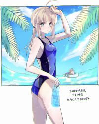 Rule 34 | 1girl, absurdres, ahoge, artoria pendragon (fate), backless swimsuit, blue one-piece swimsuit, bottle, breasts, closed mouth, collarbone, competition swimsuit, cowboy shot, fate/grand order, fate (series), from side, grey eyes, hair between eyes, highres, holding, holding bottle, long hair, looking at viewer, low ponytail, nayu tundora, one-piece swimsuit, sidelocks, silver hair, small breasts, solo, standing, swimsuit