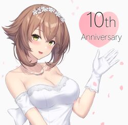 Rule 34 | 1girl, absurdres, anniversary, blush, breasts, brown hair, cleavage, collarbone, dress, flower, gloves, green eyes, hair between eyes, hair flower, hair ornament, hand up, heart, highres, jewelry, kantai collection, large breasts, looking at viewer, monoku, mutsu (kancolle), necklace, open mouth, short hair, short sleeves, smile, solo, upper body, white background, white dress, white flower, white gloves
