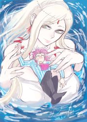 Rule 34 | 1boy, 1girl, alternate costume, artist name, bare shoulders, between breasts, bikini, black pants, blonde hair, blouse, breasts, danganronpa (series), danganronpa 2: goodbye despair, dated, den1208, earrings, giant, giantess, highres, holding finger, jewelry, large breasts, living island, looking at another, lying, medium hair, necklace, on back, pants, person between breasts, pink hair, sharp teeth, shirt, shoes, size difference, soda kazuichi, sonia nevermind, striped clothes, striped shirt, swimsuit, teeth, tooth necklace, water