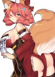 Rule 34 | 10s, 1girl, :c, alternate color, animal ear fluff, animal ears, ass, between buttocks, bow, breasts, fate/extra, fate/grand order, fate (series), fox ears, fox tail, frown, hair bow, japanese clothes, large breasts, maroon dress, osiimi, pink hair, short hair, simple background, solo, tail, tamamo (fate), tamamo no mae (fate/extra), v-shaped eyebrows, white background, wince, yellow eyes