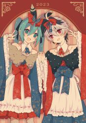 Rule 34 | 2023, 2girls, androgynous, aqua eyes, aqua hair, aqua nails, black bow, black hair, blue bow, blue nails, blue ribbon, bow, chinese zodiac, double v, dress, fishnets, floral print, floral print ribbon, flower (vocaloid), flower (vocaloid4), fur-trimmed dress, fur trim, hair bow, hatsune miku, highres, holding hands, kisalaundry, looking at viewer, multicolored hair, multiple girls, off-shoulder dress, off shoulder, open mouth, polka dot, polka dot bow, print ribbon, purple eyes, red background, red bow, red nails, red ribbon, ribbon, short hair, smile, streaked hair, striped bow, twintails, v, vocaloid, white dress, white hair, year of the rabbit