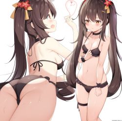 Rule 34 | 1girl, ass, back, bikini, black bikini, black choker, blush, breasts, brown eyes, brown hair, chintora0201, choker, cleavage, closed mouth, commentary request, flower, flower-shaped pupils, from behind, genshin impact, ghost, hair flower, hair ornament, highres, hu tao (genshin impact), long hair, looking at viewer, medium breasts, multiple views, navel, open mouth, red flower, simple background, standing, stomach, swimsuit, symbol-shaped pupils, thigh strap, twintails, very long hair, white background, wrist cuffs