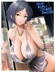 Rule 34 | 1girl, absurdres, ass, blue hair, bracelet, breasts, chain necklace, cleavage, forehead, hayami kanade, highres, idolmaster, idolmaster cinderella girls, jewelry, kon5283, large breasts, lips, necklace, night, short hair, smile, solo, st. louis (azur lane), st. louis (luxurious wheels) (azur lane), yellow eyes