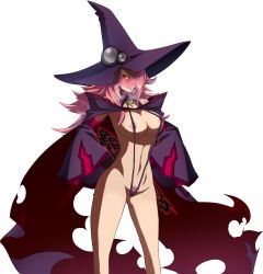 Rule 34 | angry, areola slip, black sclera, blazblue, blush, colored sclera, female pubic hair, hat, heavy breathing, konoe a. mercury, nipples, pink hair, pubic hair, slingshot swimsuit, solo, swimsuit, third-party edit, wizard hat, yellow eyes