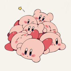 Rule 34 | :o, ;t, arms up, blue eyes, blush stickers, clone, closed eyes, closed mouth, colored skin, commentary request, harukui, kirby, kirby (series), lying, nintendo, no humans, on stomach, one eye closed, open mouth, parted lips, pile, pink skin, red footwear, shoes, simple background, smile, star (symbol), white background