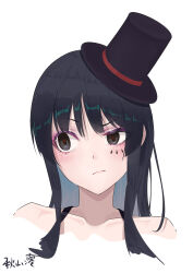 Rule 34 | 1girl, absurdres, akiyama mio, black eyes, black hair, black hat, blush, closed mouth, collarbone, don&#039;t say &quot;lazy&quot;, hat, highres, k-on!, long hair, manzaak, mini hat, mini top hat, official alternate costume, portrait, simple background, solo, top hat, translation request, white background