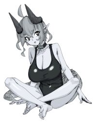 Rule 34 | 1girl, barefoot, breasts, cleavage, collar, collarbone, commentary, covered navel, cowlick, greyscale, hair behind ear, highres, hitomoji momotarou, horns, large breasts, leaning to the side, monochrome, one-piece swimsuit, original, parted lips, pointy ears, short hair, simple background, soles, swimsuit, symbol-only commentary, tail, white background