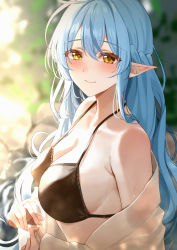 Rule 34 | 1girl, absurdres, ahoge, amyu (amm asl pa), bikini, black bikini, blue hair, blurry, blurry background, blush, breasts, closed mouth, from side, half updo, highres, hololive, large breasts, long hair, looking at viewer, off shoulder, pointy ears, shirt, sideboob, smile, solo, strap gap, swimsuit, virtual youtuber, wet, white shirt, yellow eyes, yukihana lamy