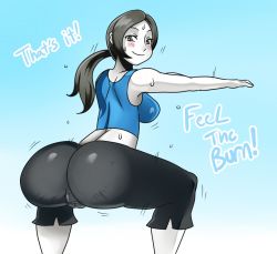 Rule 34 | 1girl, ass, breasts, cameltoe, cowboy shot, english text, eric lowery, female focus, gradient background, huge ass, large breasts, nintendo, single breast, solo, squatting, sweat, text focus, white background, wii fit, wii fit trainer, wii fit trainer (female)