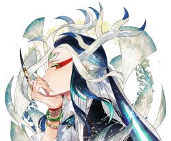 Rule 34 | 1boy, alternate hairstyle, androgynous, aqua hair, blue hair, bracelet, bug, butterfly, eyeshadow, fate/grand order, fate (series), forehead jewel, from side, hat, insect, jewelry, long hair, makeup, male focus, multicolored hair, orange eyes, portrait, profile, red eyeshadow, shi huang di (fate), sindri, solo, streaked hair, upper body, very long hair, white hair