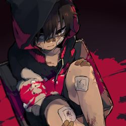 Rule 34 | 1girl, bandages, black hair, blood, box, bruise, female focus, from above, hood, hoodie, in box, in container, injury, looking up, short hair, shorts, sidu (dsd kgn), simple background, solo, stuffed animal, stuffed toy, tears, teddy bear, tokyo teddy bear (vocaloid), vocaloid