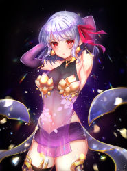 1girl, armlet, armor, armpits, arms behind head, arms up, bangs, bare shoulders, bikini armor, black background, blush, breasts, collar, covered navel, detached sleeves, dress, earrings, fate/grand order, fate (series), floral print, hair ribbon, highres, jewelry, kama (fate), light particles, looking at viewer, metal collar, miniskirt, open mouth, pelvic curtain, purple dress, purple legwear, purple skirt, purple sleeves, queencho, red eyes, ribbon, short hair, silver hair, skirt, small breasts, thighhighs, thighlet, thighs
