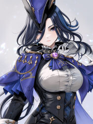 Rule 34 | 1girl, ascot, black hair, black skirt, blue ascot, blue cape, breasts, cape, celsior, clorinde (genshin impact), corset, earrings, genshin impact, gloves, grey background, hat, jewelry, long hair, looking at viewer, medium breasts, purple eyes, shirt, skirt, solo, tricorne, upper body, very long hair, white gloves, white shirt