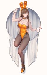 Rule 34 | 1girl, animal ears, bare shoulders, black pantyhose, blue eyes, bow, bowtie, breasts, brown hair, cleavage, curtains, fake animal ears, fake tail, high heels, highres, large breasts, leotard, long hair, looking at viewer, orange bow, orange bowtie, orange footwear, orange leotard, original, pantyhose, playboy bunny, rabbit ears, rabbit tail, simple background, sitting, solo, tail, white background, wrist cuffs, yuuji (and)