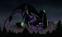 Rule 34 | absurdres, all fours, arched back, eva 01, film grain, highres, huge filesize, jack-o&#039; challenge, jazz jack, mecha, neon genesis evangelion, no humans, no pupils, outdoors, robot, signature, silhouette, solo, tree, white eyes
