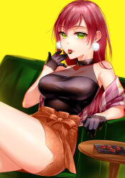 Rule 34 | 1girl, bare shoulders, black gloves, black shirt, breasts, chocolate, commentary request, couch, earrings, gloves, green eyes, half gloves, highres, jewelry, large breasts, long hair, miniskirt, mouth hold, oono kanae, original, pom pom (clothes), pom pom earrings, red hair, see-through, shawl, shirt, sitting, skirt, solo, yellow background