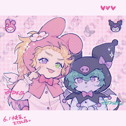 Rule 34 | 2girls, :p, blonde hair, bow, bowtie, braid, cosplay, ear bow, green hair, hair between eyes, hand up, heart, heterochromia, highres, hood, hood up, kuromi, kuromi (cosplay), league of legends, long hair, long sleeves, multiple girls, my melody, onegai my melody, pink bow, pink bowtie, pink eyes, sanrio, shirt, tongue, tongue out, translation request, upper body, vex (league of legends), white shirt, yellow eyes, yordle, zoe (league of legends), ztdlb