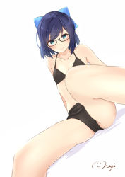 Rule 34 | 1girl, a-chan (hololive), aqua eyes, arm support, arms behind back, bikini, black-framed eyewear, black bikini, blue bow, blue hair, blurry, blush, bow, breasts, collarbone, cropped legs, depth of field, dutch angle, glasses, hair bow, highres, hololive, looking at viewer, nagi (shunsuke-manage), short hair, signature, simple background, sitting, small breasts, smile, solo, spread legs, swimsuit, thighs, virtual youtuber, white background