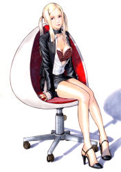 Rule 34 | 1girl, bare legs, black bra, black footwear, blonde hair, bra, breasts, chair, cleavage, fer yoshimiya, frilled sleeves, frills, high heels, highres, lace, lace-trimmed bra, lace trim, miniskirt, no more heroes, open clothes, open shirt, pencil skirt, scarf, simple background, skirt, solo, sylvia christel, twintails, underwear