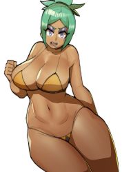 Rule 34 | 1girl, absurdres, angry, bikini, breasts, cerebella (skullgirls), collarbone, dark-skinned female, dark skin, doublehero, eyeshadow, green lips, highres, large breasts, makeup, navel, open mouth, ponytail, skullgirls, solo, swimsuit, thick thighs, thighs, white background, wide hips