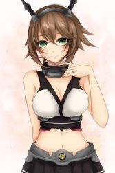 Rule 34 | 10s, 1girl, bare shoulders, breasts, brown hair, cleavage, female focus, gloves, gradient background, green eyes, headband, headgear, jewelry, kantai collection, kirby (series), kirbyffcc, large breasts, looking at viewer, midriff, mutsu (kancolle), nintendo, pink background, ring, short hair, skirt, smile, solo, upper body