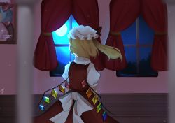 Rule 34 | 1girl, back bow, blonde hair, blurry, blurry foreground, bow, commentary, crystal, curtains, depth of field, facing away, feet out of frame, flandre scarlet, floating hair, from behind, full moon, hat, hat bow, highres, indoors, majime joe, mob cap, moon, night, night sky, one side up, painting (object), puffy short sleeves, puffy sleeves, red bow, red skirt, red vest, remilia scarlet, short hair, short sleeves, signature, skirt, sky, solo, symbol-only commentary, touhou, vest, white bow, white hat, window, wings
