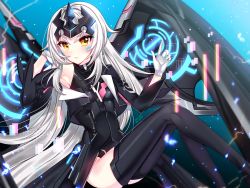 Rule 34 | 1girl, armpits, black leotard, black thighhighs, breasts, chromatic aberration, code: ultimate (elsword), detached sleeves, elsword, eve (elsword), facial mark, floating hair, gloves, highres, leotard, long hair, looking at viewer, signature, silver hair, sitting, small breasts, solo, thighhighs, very long hair, white gloves, xes (xes 5377), yellow eyes