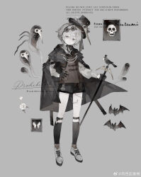 1boy absurdres black_cloak black_shorts black_socks black_vest cane cloak ghost grey_eyes hat highres plague_doctor_mask shorts socks top_hat vest weibo_kurumi white_hair