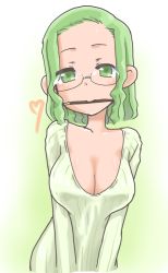Rule 34 | 1girl, breasts, cleavage, food, glasses, gradient background, green eyes, green hair, heart, kazoku game, large breasts, long hair, matching hair/eyes, mouth hold, pocky, solo, suzushiro seri, yusa yukie