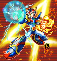 Rule 34 | 1boy, absurdres, android, angry, armor, artist name, blue eyes, bodysuit, charging, clenched hand, fire, flaming hand, floating, full body, gloves, glowing, green eyes, highres, looking at viewer, male focus, mega buster, mega man (series), x (mega man), mega man x (series), open mouth, pn13ban, red background, weapon, yellow background