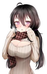 Rule 34 | 1girl, ahoge, antenna hair, bad id, bad pixiv id, beifeng han, blush, breasts, breath, cleavage, cleavage cutout, clothing cutout, female focus, hair between eyes, large breasts, long hair, loose socks, meme attire, miyaura sanshio, open-chest sweater, original, parted lips, plaid, plaid scarf, revision, scarf, socks, solo, sweater, twintails, unmoving pattern