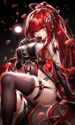 Rule 34 | 1girl, ahoge, been, black background, black dress, black gloves, black ribbon, black thighhighs, blurry, blurry foreground, blush, closed mouth, dress, elbow gloves, elesis (elsword), elsword, folded fan, folding fan, gloves, hair between eyes, hair ornament, hair ribbon, hand fan, high ponytail, highres, holding, holding fan, long hair, looking at viewer, petals, red hair, ribbon, shiny skin, sitting, sleeveless, sleeveless dress, solo, thigh strap, thighhighs, very long hair, yellow eyes