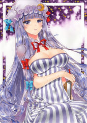 Rule 34 | 1girl, artist name, blue bow, blunt bangs, blush, book, bow, breasts, capelet, cleavage, commentary, covered navel, crescent, crescent hair ornament, dress, hair bow, hair ornament, hat, hat bow, large breasts, long hair, looking at viewer, mob cap, neck ribbon, nordic niku, outside border, parted lips, patchouli knowledge, purple capelet, purple eyes, purple hair, purple hat, red bow, red ribbon, ribbon, signature, sitting, solo, star (symbol), strapless, strapless dress, striped clothes, striped dress, touhou, traditional media, vertical-striped clothes, vertical-striped dress, very long hair