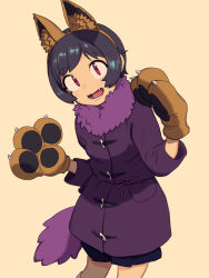 Rule 34 | 1girl, 2equal8, animal ears, animal hands, black hair, claws, coat, dog ears, fake animal ears, feather boa, female focus, gloves, halloween, halloween costume, highres, open mouth, original, paw gloves, sawada kanako, short hair, simple background, solo, teeth, yellow background