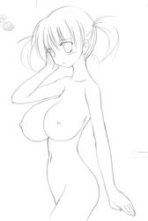 Rule 34 | 1girl, blush, breasts, greyscale, huge breasts, miyata gakuman, monochrome, navel, nipples, nude, short hair, short twintails, sketch, solo, standing, twintails