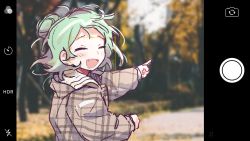 Rule 34 | 1girl, adan imas, bad id, bad pixiv id, blurry, blurry background, blush, camera, camera phone, cellphone, closed eyes, commentary, dot nose, fang, green hair, hair bun, hololive, jacket, long sleeves, open mouth, outdoors, path, phone, plaid, plaid jacket, pointing, road, short hair, short hair with long locks, single hair bun, smile, solo, taking picture, tree, upper body, uruha rushia, virtual youtuber