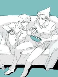 Rule 34 | 2boys, aqua theme, blue theme, brown hair, couch, gakudou (rom3boom), handheld game console, kazuma (scryed), male focus, monochrome, multiple boys, nintendo 3ds, playing games, scryed, short hair, sitting, spot color, straight cougar