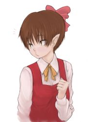 Rule 34 | 1girl, arm at side, ascot, bow, brown eyes, brown hair, clenched hand, collared shirt, gegege no kitarou, hair bow, hand on own chest, long sleeves, looking to the side, nekomusume, pink bow, pointy ears, shirt, short hair, simple background, solo, toei animation, upper body, very short hair, vest, white background, z-ton