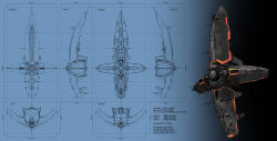 Rule 34 | advanced ship (eve online), amarr empire (eve online), battlecruiser (eve online), blue background, blueprint (medium), caldari state (eve online), character sheet, commentary, concept art, cyclodextrose, english text, eve online, highres, khanid kingdom (eve online), military vehicle, multiple views, no humans, original, radio antenna, realistic, science fiction, spacecraft, thrusters, vehicle focus