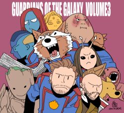 Rule 34 | 2023, 3girls, 4boys, adam warlock, antennae, blonde hair, blue skin, brown hair, closed mouth, colored skin, cosmo the spacedog, dog, drax the destroyer, english text, frown, gamora, gold skin, groot, group picture, guardians of the galaxy, long hair, looking at viewer, looking to the side, looking up, mantis (marvel), marvel, marvel cinematic universe, mullet, multiple boys, multiple girls, nebula (gotg), onikobe rin, open mouth, peter quill, pout, purple background, raccoon, rocket raccoon, scribble, sharp teeth, signature, smile, spacesuit, teeth, tongue, tongue out