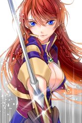 Rule 34 | 1girl, blue eyes, braid, breasts, brown gloves, cleavage, cleavage cutout, closed mouth, clothing cutout, earrings, floating hair, gloves, hair between eyes, holding, holding sword, holding weapon, jewelry, long hair, looking at viewer, medium breasts, re:creators, red hair, selesia upitiria, smile, smug, solo, standing, swept bangs, sword, very long hair, weapon, white background, yae chitokiya