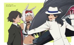 Rule 34 | 1girl, 2boys, :d, ^ ^, animal ears, arms behind back, asaya minoru, bare shoulders, black hair, black jacket, black necktie, breasts, caenis (fate), caenis (swimsuit rider) (fate), cleavage, closed eyes, collared shirt, commentary request, constantine xi (fate), dark-skinned female, dark skin, earrings, english text, fate/grand order, fate (series), formal, gloves, goggles, goggles on head, green background, grey hair, hair between eyes, hat, jacket, jewelry, koha-ace, long hair, long sleeves, medium breasts, multiple boys, navel, necktie, open mouth, oryou (fate), profile, purple eyes, red vest, sakamoto ryouma (fate), shirt, smile, suit, sweat, twitter username, two-tone background, very long hair, vest, white background, white gloves, white headwear, white jacket, white shirt