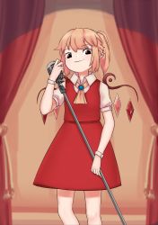 Rule 34 | 1girl, absurdres, ascot, blonde hair, brooch, closed mouth, commentary, cowboy shot, crystal, curtains, english commentary, flandre scarlet, highres, holding, holding microphone, holding microphone stand, jewelry, looking at viewer, microphone, microphone stand, no headwear, pointy ears, puffy short sleeves, puffy sleeves, red skirt, short hair, short sleeves, side ponytail, skirt, skirt set, smile, solo, standing, touhou, vest, vintage microphone, wings, wrist cuffs, yellow ascot, yoruny