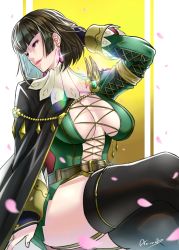 Rule 34 | 1girl, anima (togashi), breasts, bridal gauntlets, brown hair, capcom, earrings, garter belt, garter straps, gold trim, green shirt, highres, jewelry, large breasts, looking at viewer, monster hunter (series), monster hunter rise, navel piercing, piercing, purple eyes, rondine, shirt, smile, solo, thighhighs, thighs