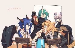 Rule 34 | 4girls, animal ears, arknights, beige background, black gloves, black jacket, blonde hair, blue hair, blush, bottle, ch&#039;en (arknights), chair, closed eyes, closed mouth, collared shirt, commentary, dated, dragon horns, feeding, food, food in mouth, gloves, green hair, hand on another&#039;s arm, highres, holding, holding bottle, holding food, horns, hoshiguma (arknights), jacket, kettle, lin (arknights), long hair, long sleeves, looking at another, mouse ears, multiple girls, necktie, open mouth, pink hair, purple eyes, scar, scar on face, shirt, short sleeves, simple background, single horn, sitting, skin-covered horns, smile, swire (arknights), symbol-only commentary, table, tiger ears, trembling, twintails, unworn jacket, vento, white shirt, yellow neckwear