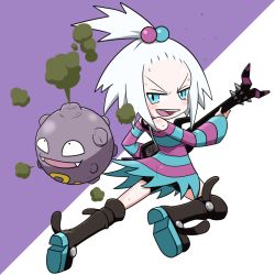 Rule 34 | 1girl, bare legs, bass guitar, blue eyes, boots, creatures (company), female focus, game freak, gen 1 pokemon, guitar, gym leader, hair bobbles, hair ornament, instrument, koffing, nintendo, open mouth, pokemon, pokemon (creature), pokemon bw2, roxie (pokemon), shirt, smile, smoke, striped clothes, striped shirt, white hair