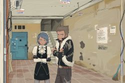 Rule 34 | 1boy, 1girl, 23011620x, ace attorney, ace attorney investigations, blue hair, brown hair, crossed arms, franziska von karma, fur trim, gloves, highres, indoors, light blue hair, looking at viewer, shi-long lang, short hair, skirt, vest