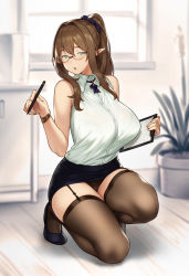 Rule 34 | 1girl, black panties, blurry, blurry background, bra, bra visible through clothes, bracelet, breasts, brown hair, brown haired glasses elf (houtengeki), brown thighhighs, clipboard, collared shirt, commentary request, elf, garter straps, glasses, green eyes, hair between eyes, hair intakes, highres, houtengeki, huge breasts, indoors, jewelry, kneeling, large breasts, long hair, looking at viewer, mature female, miniskirt, office lady, on one knee, original, panties, pantyshot, pencil skirt, plant, pointy ears, ponytail, potted plant, rimless eyewear, see-through, semi-rimless eyewear, shirt, shirt tucked in, sidelocks, skirt, sleeveless, sleeveless shirt, solo, thighhighs, underwear, window